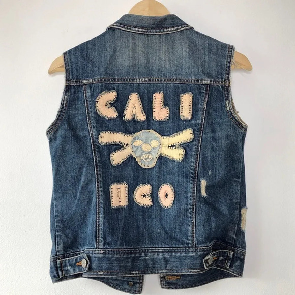 Hollister Skull Embroidered Distressed Jean Vest - Picture 1 of 10